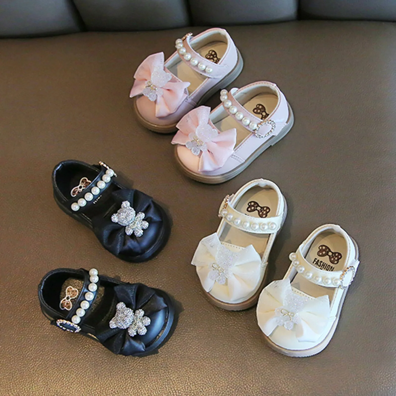 Cute Princess Shoesbow Pearl Teddy Bear Single Shoes For Girls Leather Shoes Girls Mary Jane Shoes For Baby Girls Walking Shoes