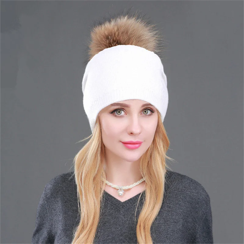 Brand Women\'s Pompom Beanie Hat Autumn Winter Wool Knitted Slouchy Beanies for Women Ladies Hat With Genuine Raccoon Fur Pompon