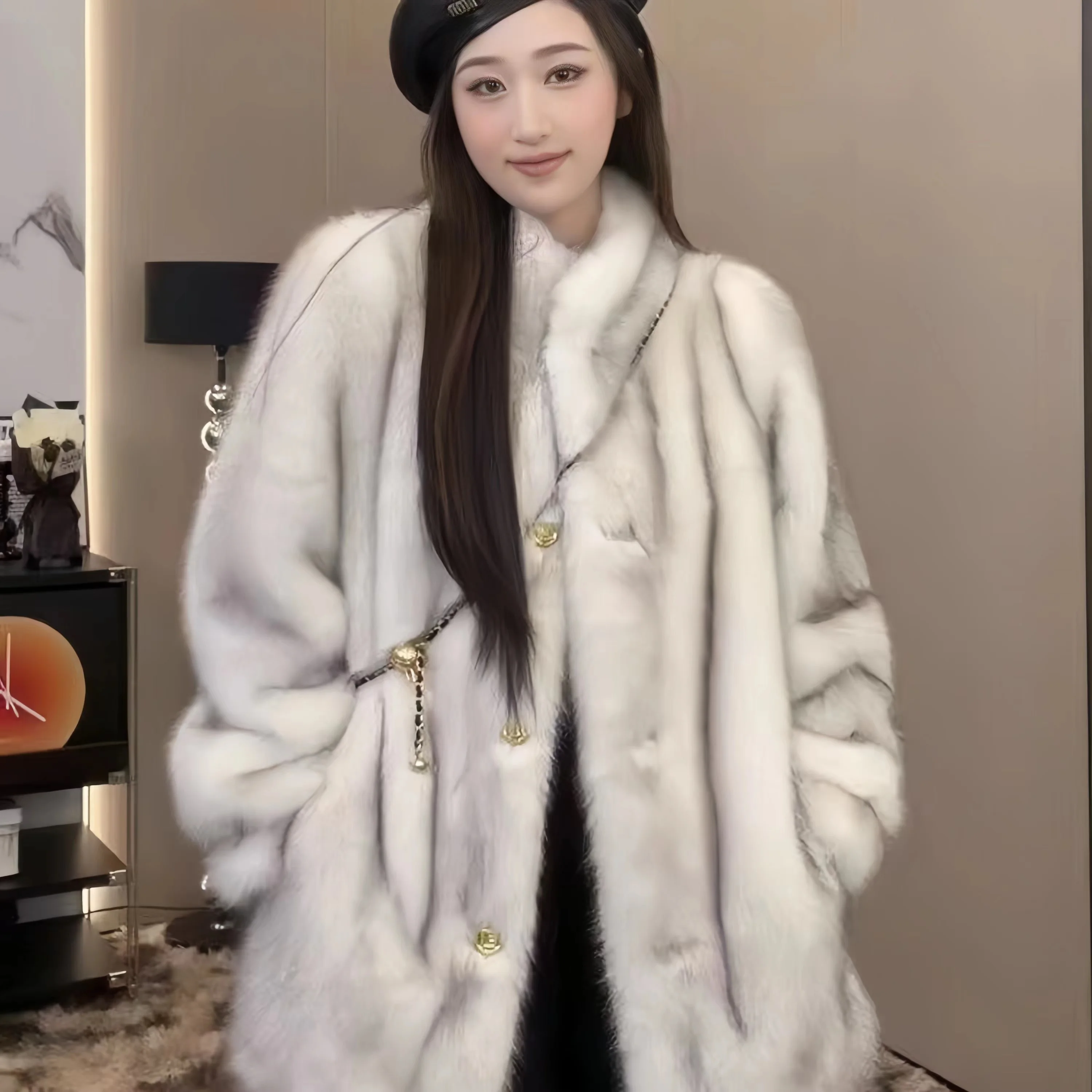 Single Breasted Fox Fur Coats for Women, Korean Female Overcoat,O-Neck, Loose, Thicken Warm Long Clothes, Winter Tops, New