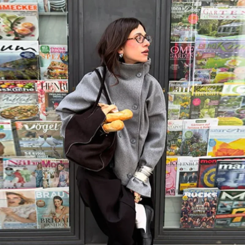 

Американская зимняя мода, уличный топ, темперамент, элегантный двубортный однотонный женский костюм с высоким воротником-стойкой и длинными рукавами