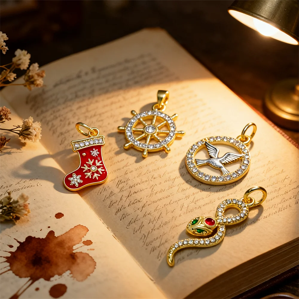 2Pcs Pendant Brass Cubic Zircon Enamel Geometric Wheel Snake Bird Christmas Sock Charm DIY Jewelry Necklace Bracelet Accessories
