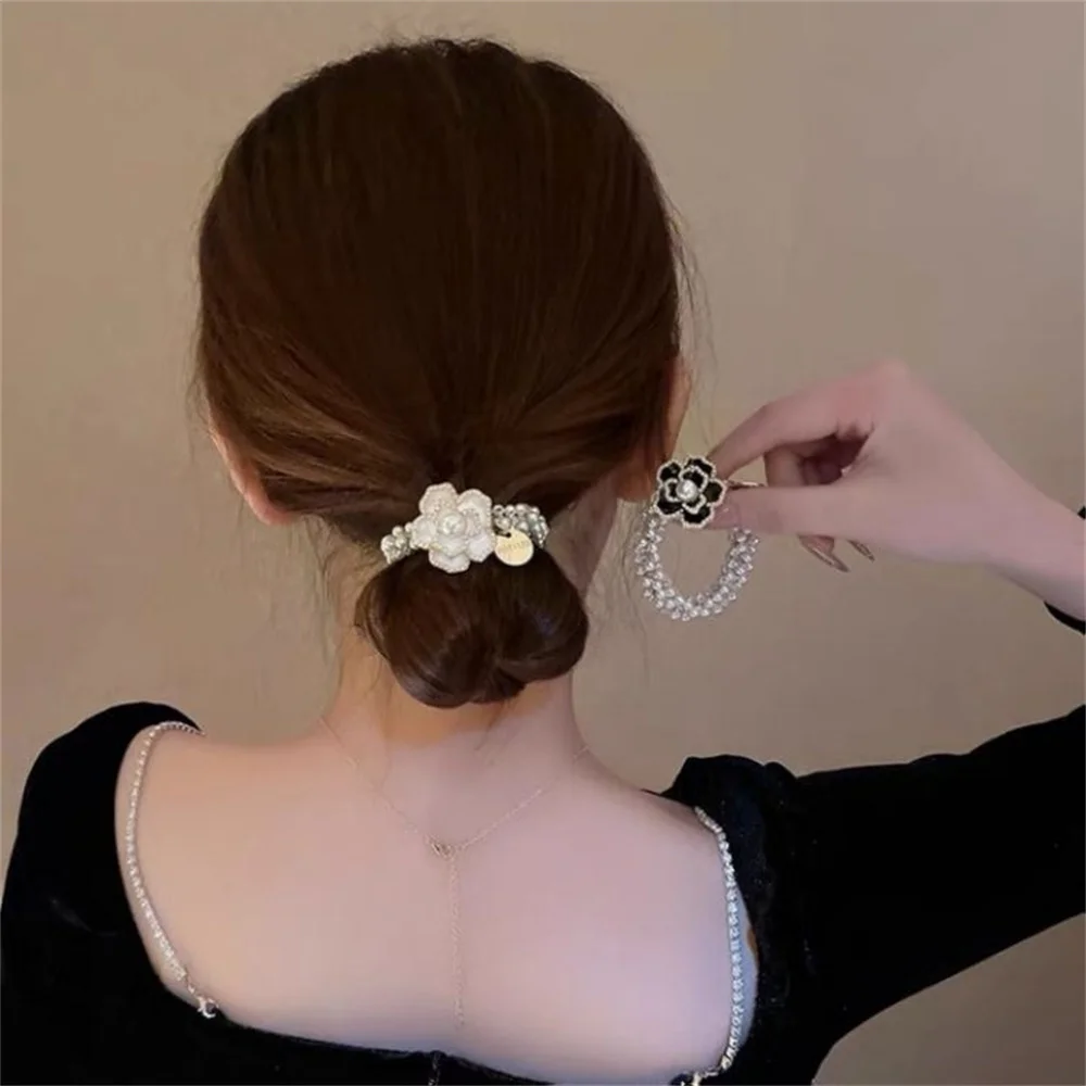 Fashion Camellia Elastic Scrunchies Women Girls Imitation Pearls Beads Hair Rope Ponytail Holder Hair Accessories Headwear