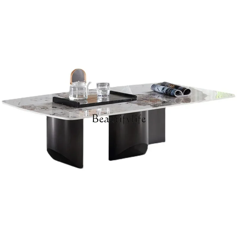 

ls 27Villa simple light luxury rock slab coffee table small apartment bright rock slab square Italian minimalist stainless steel
