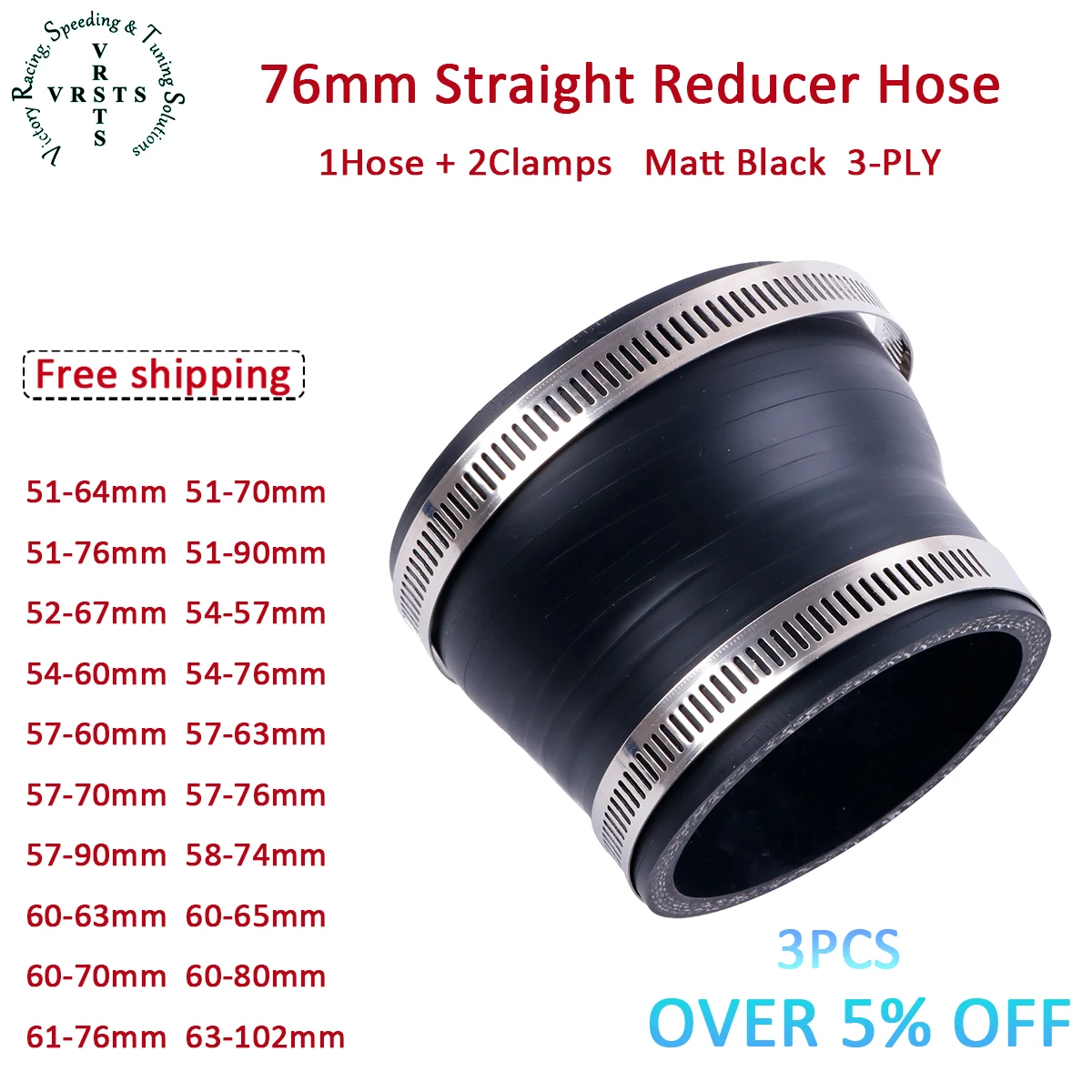3PLY 76mm Length Silicone Straight Reducer Coolant Hose ID 51 52 54 57 58 60 61 63 65 67 70 74 76 MM 1PC Matt Black W/ 2 Clamps