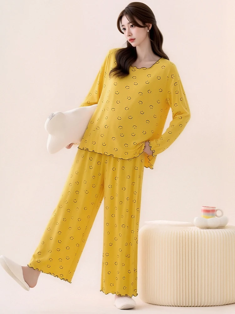 Modal Home Clothes Set Thin Long Sleeve Sleepwear Casual Large Size T-shirt Long Pants Suit July Deer Loose Fit S...