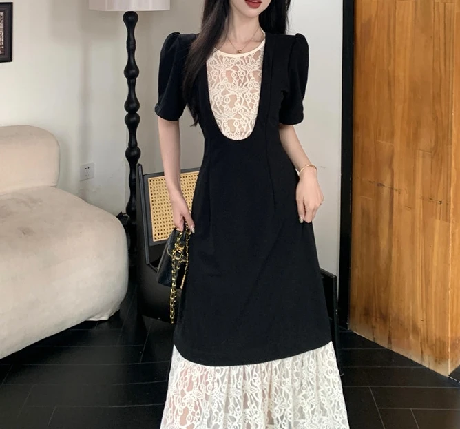 

Elegant Vintage Spliced lace Chic Beading short sleeve fairycore Dresses Evening High Street Plus Size Clothing