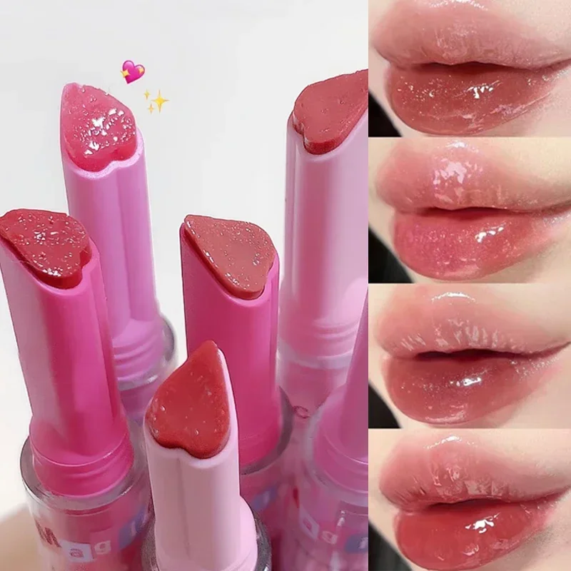 Heart Shape Jelly Lip Gloss Long Lasting Moisturizing Waterproof Non-stick Cup Mirror Lipstick Pencil Lips Makeup Women Cosmetic