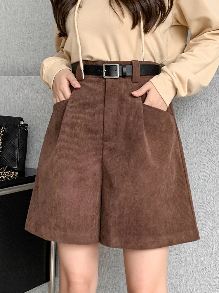 QOERLIN Plain Bermuda Corduroy Elastic High Waist Wide Leg Loose Casual Pants 2024 New Pocket Shorts Streetwear Fashion Outfits