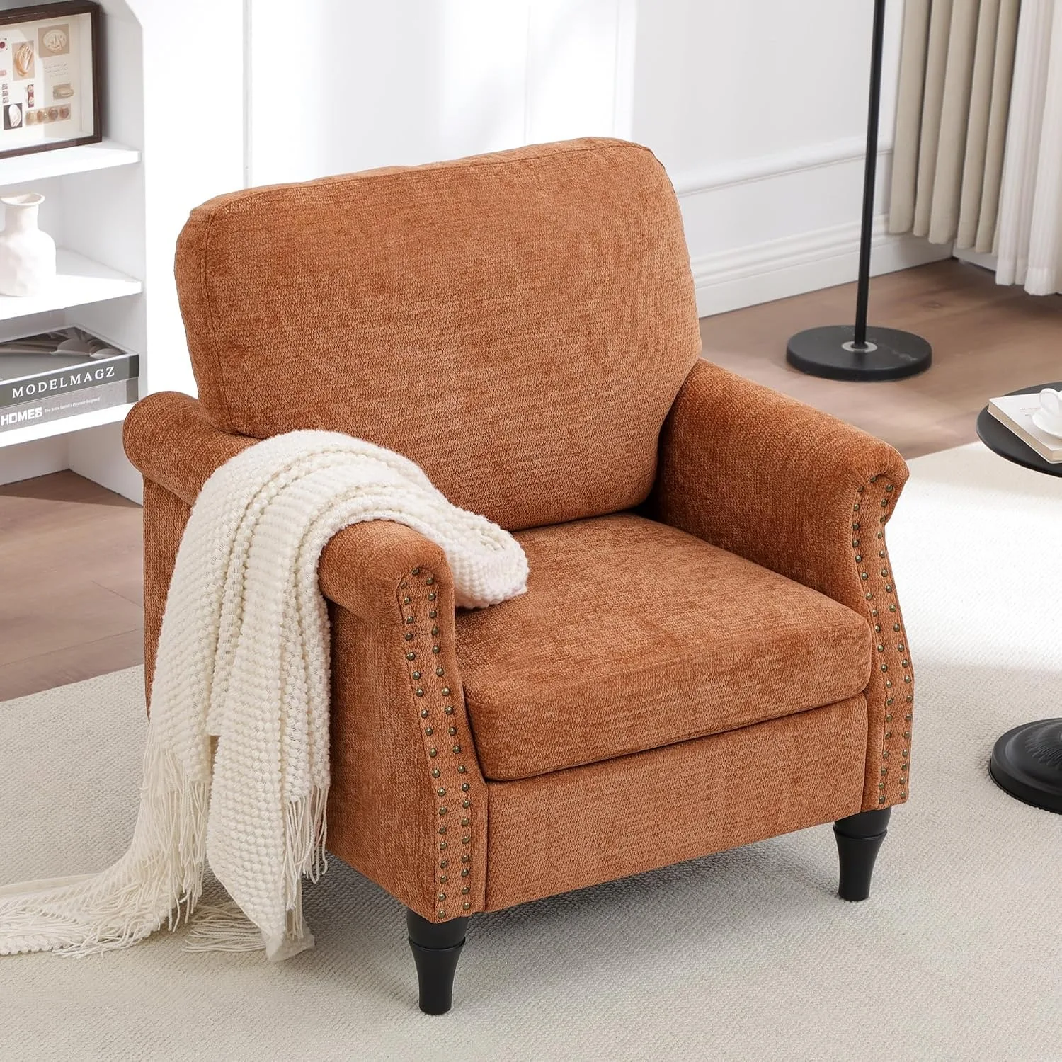 Accent Chair for Living Room, Modern Mid Century Reading Chair Armchair High Back Upholstered Armchair with Wooden Legs for Living Room Bedroom Office (Orange, 1pcs)