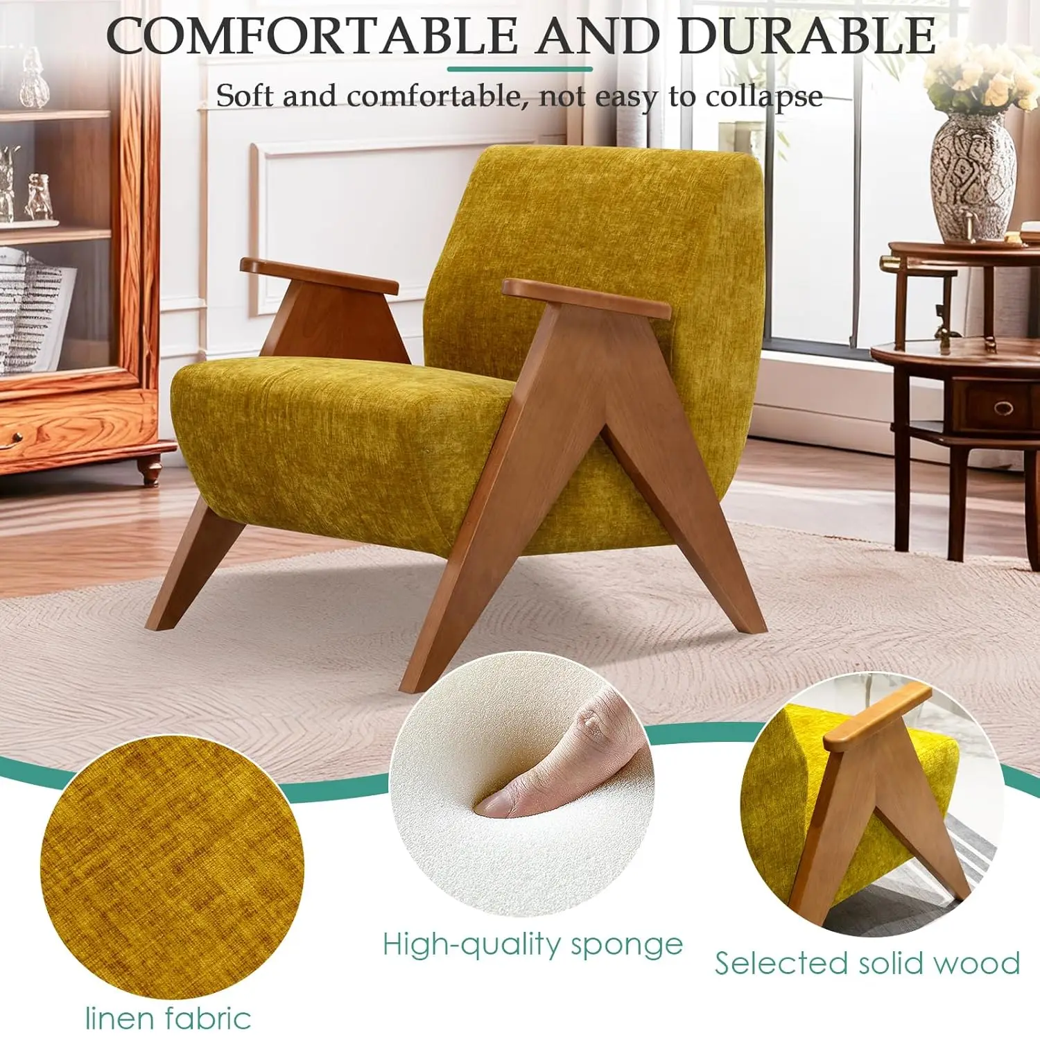 Mid Century Modern Upholstered Wood Frame   Armchair Sturdy Reading Chair for Living Room Bedroom Home
