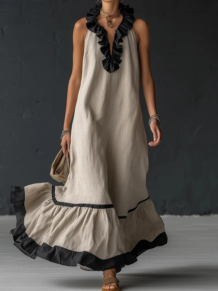 

Модное шикарное платье макси без рукавов в стиле пэчворк, женское летнее элегантное платье с рюшами для вечеринок, свободное женское платье с V-образным вырезом, Vestido