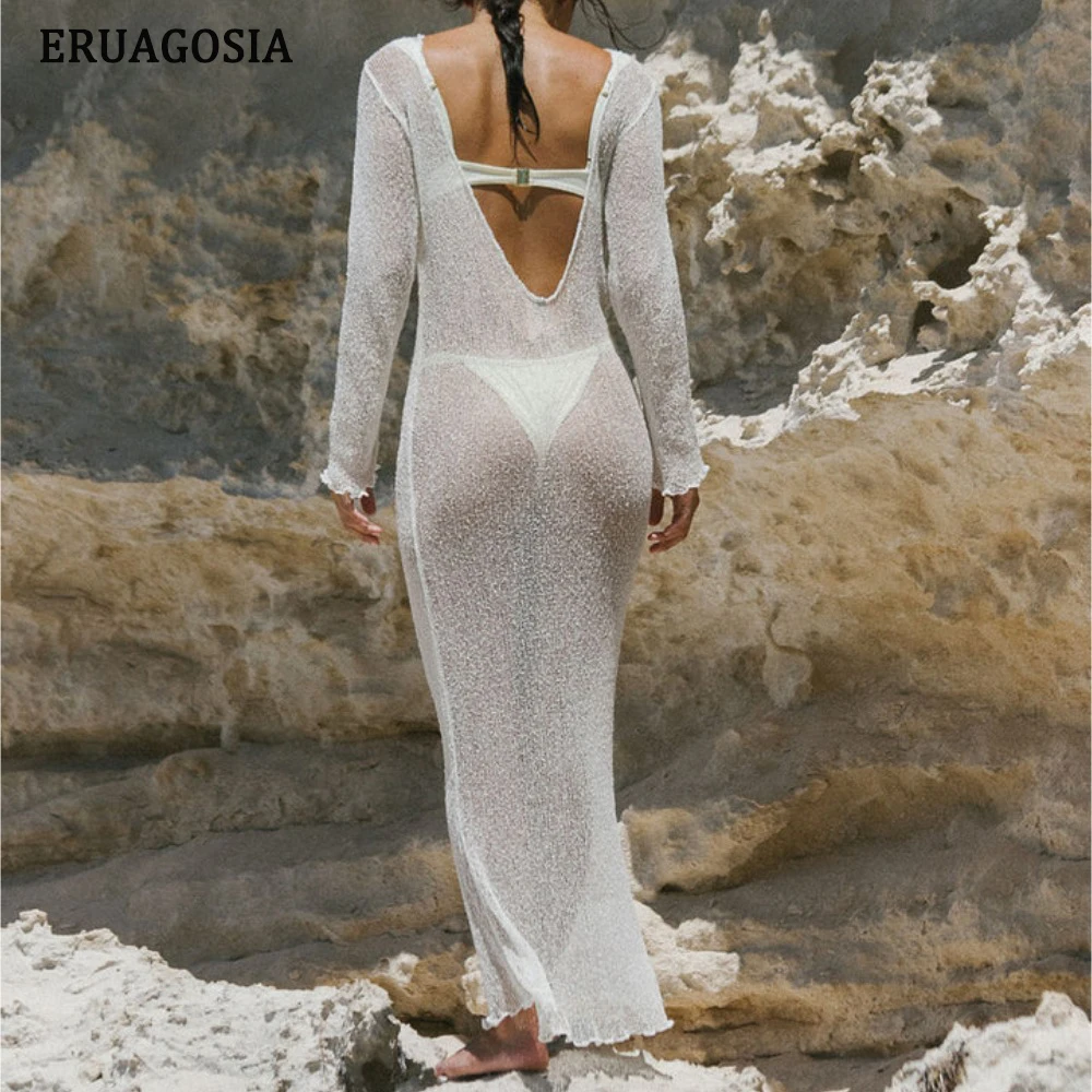 Sexy See-Through Cover-ups Long Sleeve Cover Up For Women 2024 New Beach Dress Vacation Dresses Female Beachwear saida de praia