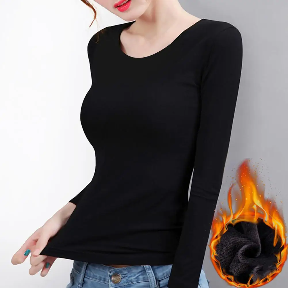 Women Thermal Tops Round Neck Long Sleeve Velvet Lining Bottoming Tops Slim Fit Solid Color Warm Tee Shirt Women's Clothing