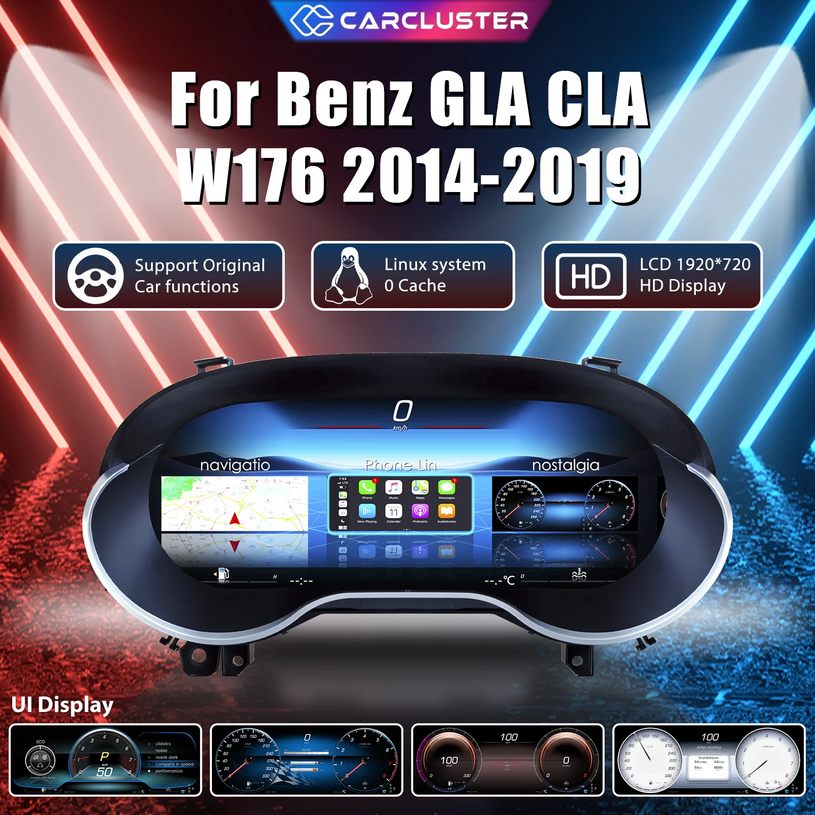 Carcluster 12.3'' LCD Digital Cluster per Benz GLA CLA W176 Anni 2014-2019 Cruscotto Digitale con Supporto HDMI Carplay Radio Pannello Strumenti Cruscotto