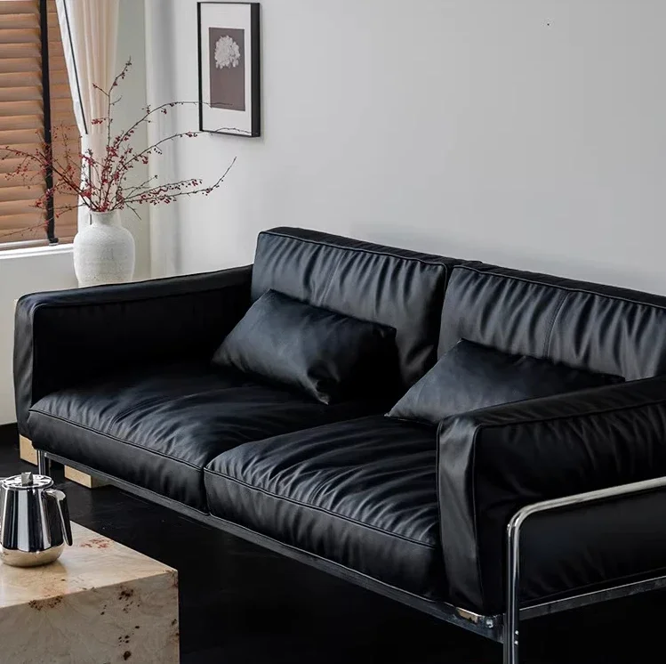 Sofa/black Napa thick cowhide/medieval Bauhaus Nordic minimalist straight row small apartment