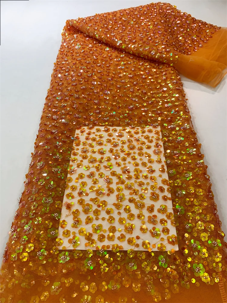 Orange Luxury Bead Embroidered Net Lace Fabric With Sequins African Lace Fabric 2023 High Quality for Wedding Sewing