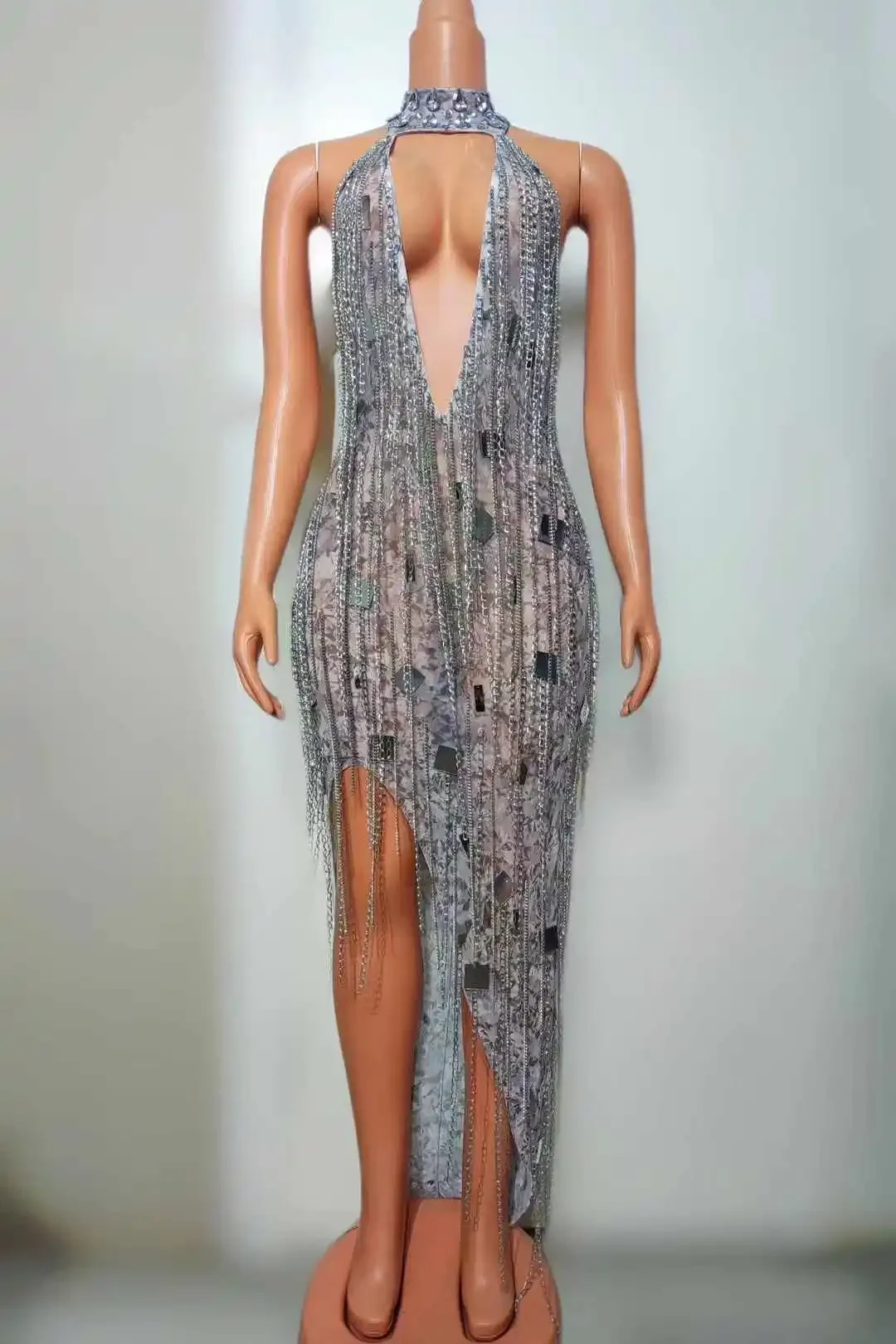 

Deep V Neck Backless Drill Chain Fringe Elastic Dress For Women Glitter Sequin Rhinestone Birthday Dressy Drag Queen Outfits