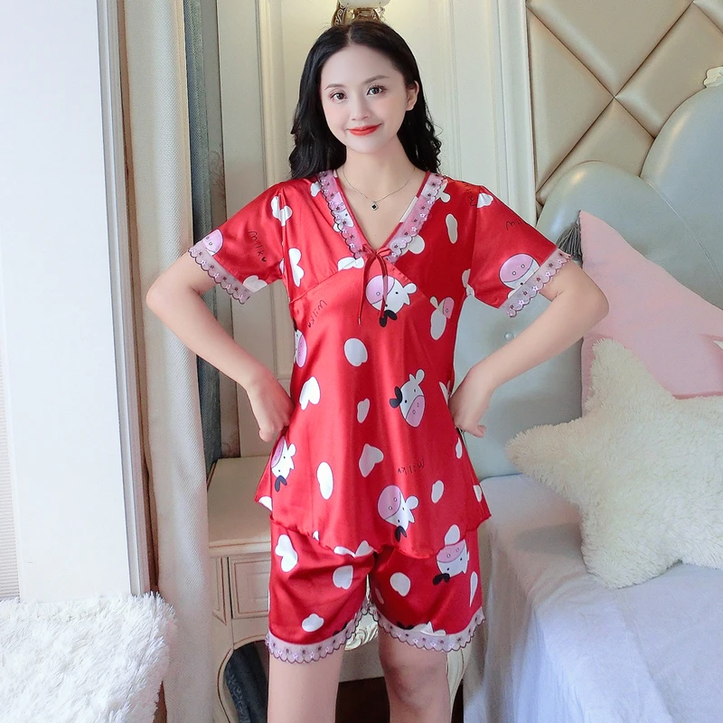 Pajamas Set for Women's Summer V-neck Silk Korean Loose Sweet Cute Short-sleeve Lace Home Wear Cloth Sexy Women Sleepwear Set