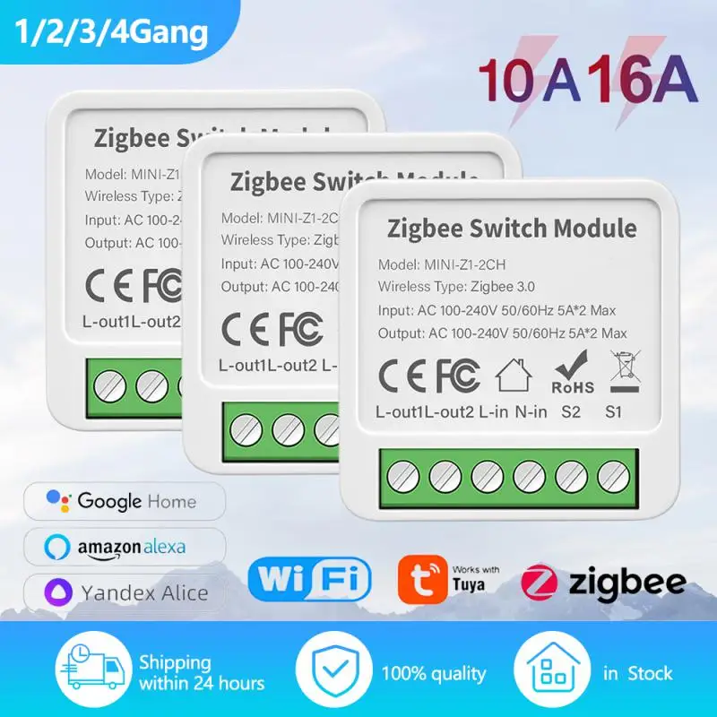 Tuya Zigbee/WiFi Smart Mini Concealed Switch Module 1/2/3/4Gang Channel Bidirectional Control Works with Alexa Google Home