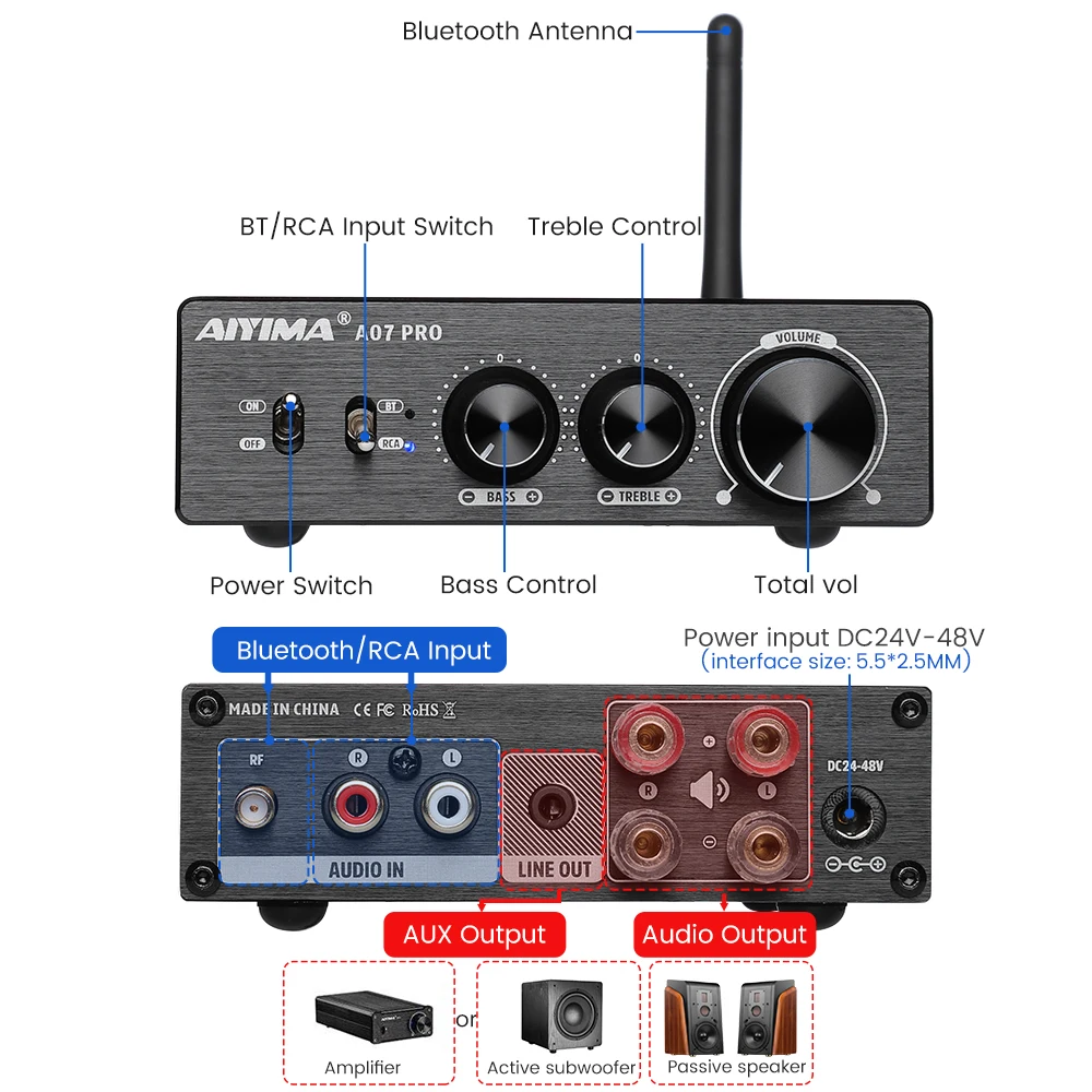 AIYIMA A07 PRO Bluetooth Amplifier Audio APTX HD TPA3255 Hifi Stereo Power Amplifier 300Wx2 Sound Speaker Amplificador Home Amp