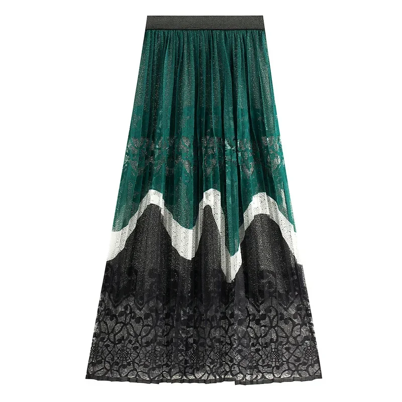 2024 Women Lace Crochet Hollow Out Skirts Contrast Pleated Female Elegant Long Pleated Skirt