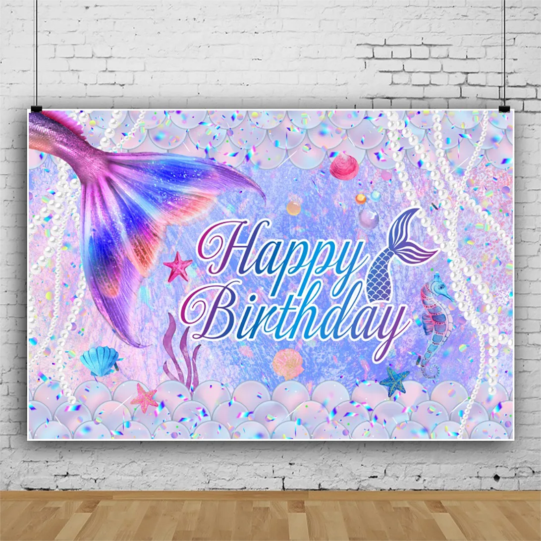 Mermaid Birthday Photography Background For Kids  Princess Fish Scale Shell Sequins Party Photo Studio Background NR-01