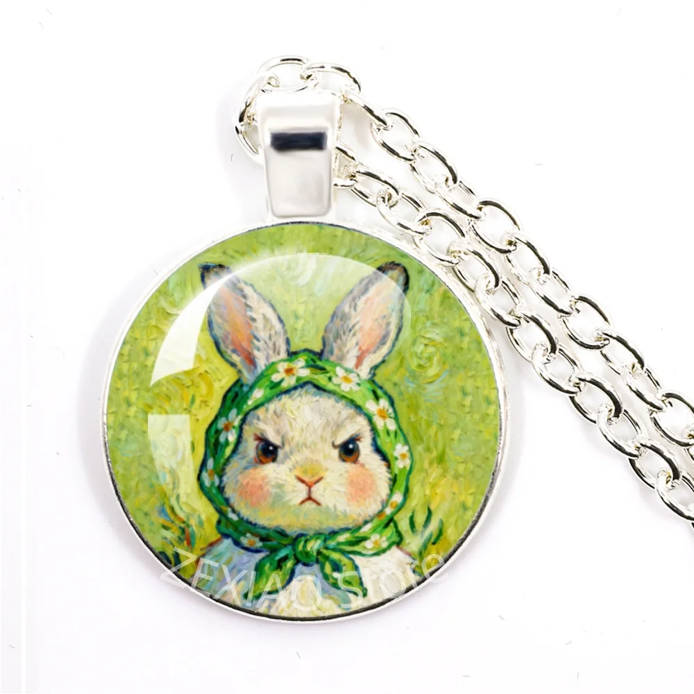 Van Gogh Art Starry Night Sunflower Glass Pendant Necklace Creative Cat Dog Hamster Rabbit Duck Oil Painting Animal Necklace