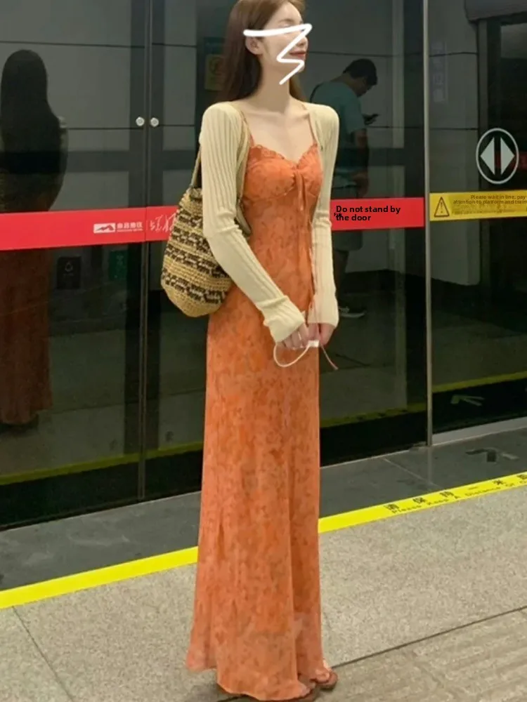 Beach Vaion Stampa floreale Strapl Dr Faion da donna Autunno 2025 New Ele Long Dr Tea Break Casual Lady Sle