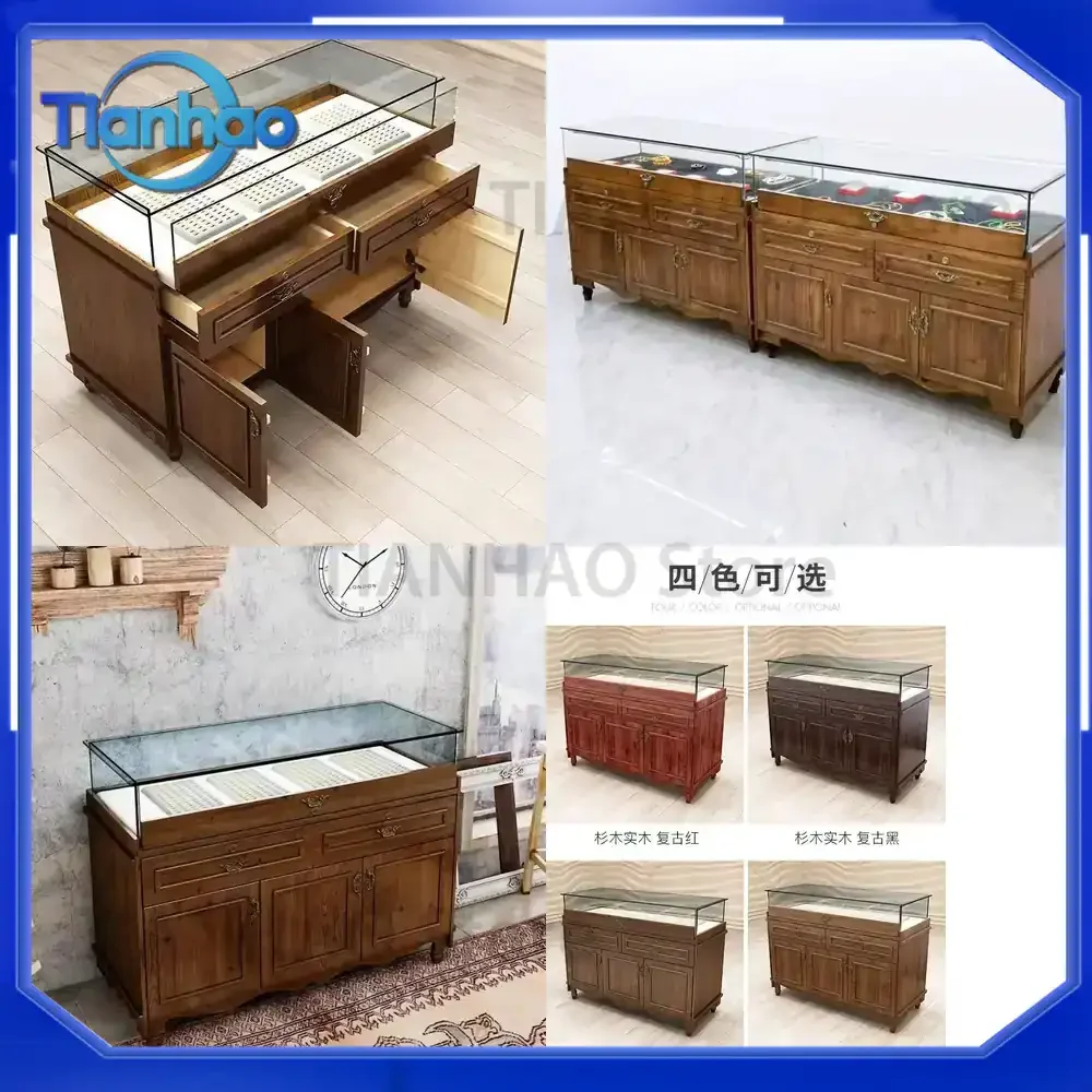 Retro Solid Wood Jewelry Display Cabinet for Antique Jade Glass Cabinet for Silver Jewelry Cultural Relics Nakajima Counter