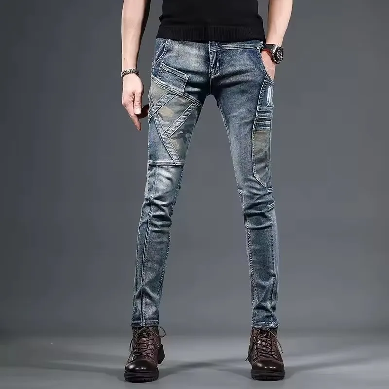 2025 الرجال طحن الجينز الأبيض سليم صالح الجينز الرجال الموضة الكلاسيكية الدنيم نحيل الجينز الذكور الرجال عادية سروال شكل قلم رصاص بنطلون