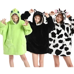 Winter Warm Fleece One Piece Hooded Sweatshirts Kids Oversized Hoodie Wearable TV Blankets Boys Cow Frog Dog Kigurumi Hoodie