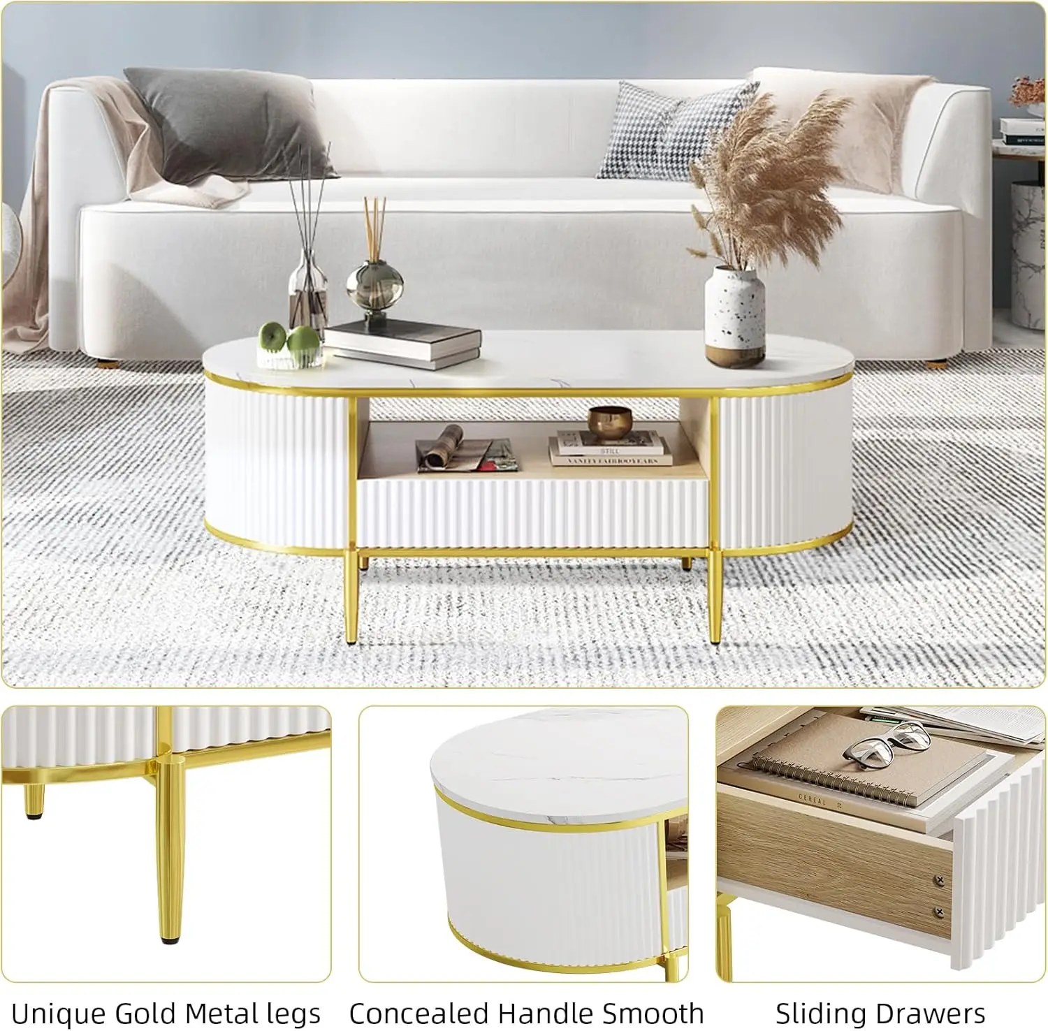 Modern Fluted Coffee Table Modern Oval Coffee Table with Drawer Curved Profile Center Table with Storage for Living Room White