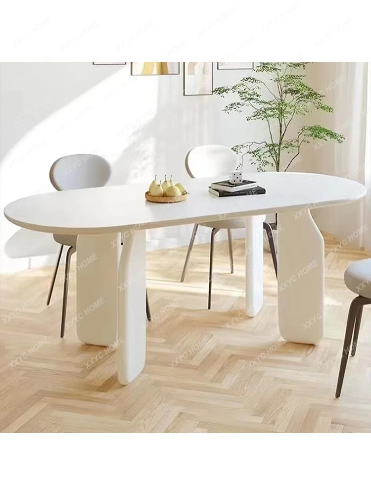 Nordic Solid Wood Pure White Stone Plate Dining Table Minimalist Cream Style Small Apartment Dining Table Light Luxury Art Oval