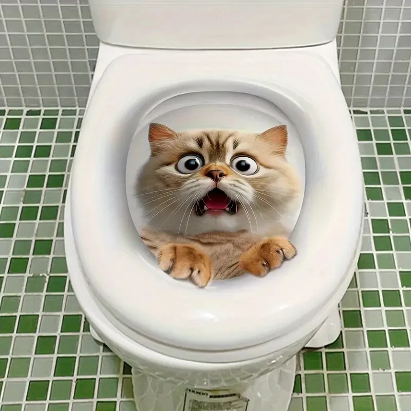 Surprised Cat 3D Self-Adhesive Toilet Stickers,Wall Decal Removable, Reusable PVC Sticker for Toilet Lid, Bathroom Decor