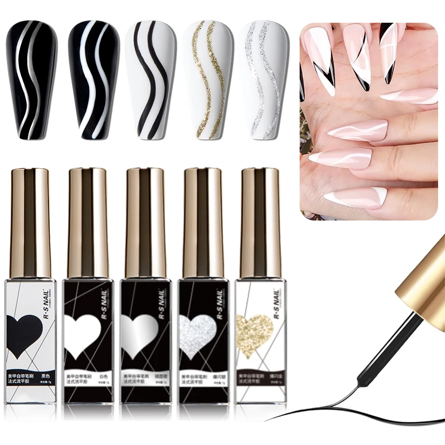 

RS NAIL 5 Color Liner Gel Set - Built-in Brush Metallic Silver Gold Glitter Black White French Flow UV/LED Soak Off Nail Gel 7g