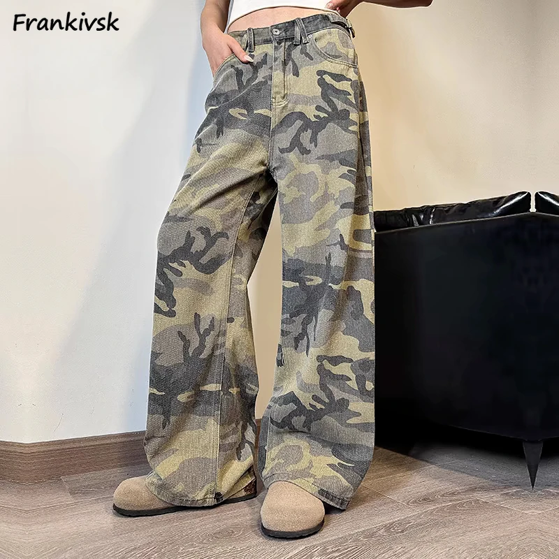 Camouflage Baggy Jeans for Women Personality Vintage Hip-hop Cool American Retro High Waist Fashion Wide Leg Trousers Versatile