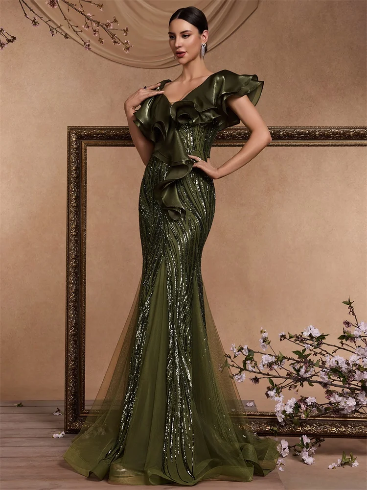 Lucyinlove Elegant Ruffle Sleeve Green Sequins Evening Dresses For Women Mermaid Formal Party Maxi Prom Dresses Cocktail Gown