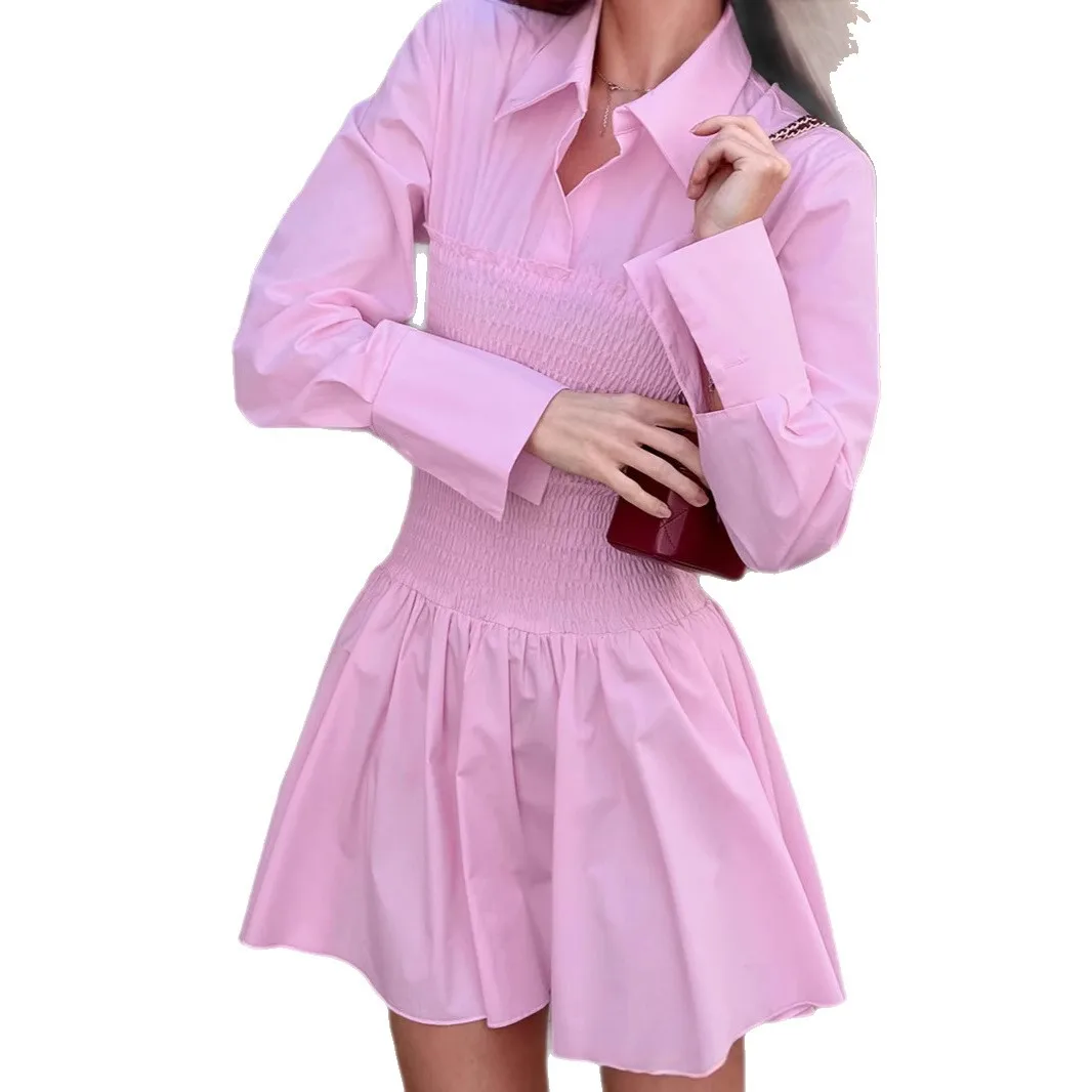 قميص بياقة للتنقل لخريف 2025، درجة عالية، خصر مخفي، أكمام طويلة، تنورة على شكل حرف A، تنورة قصيرة، ملابس نسائية