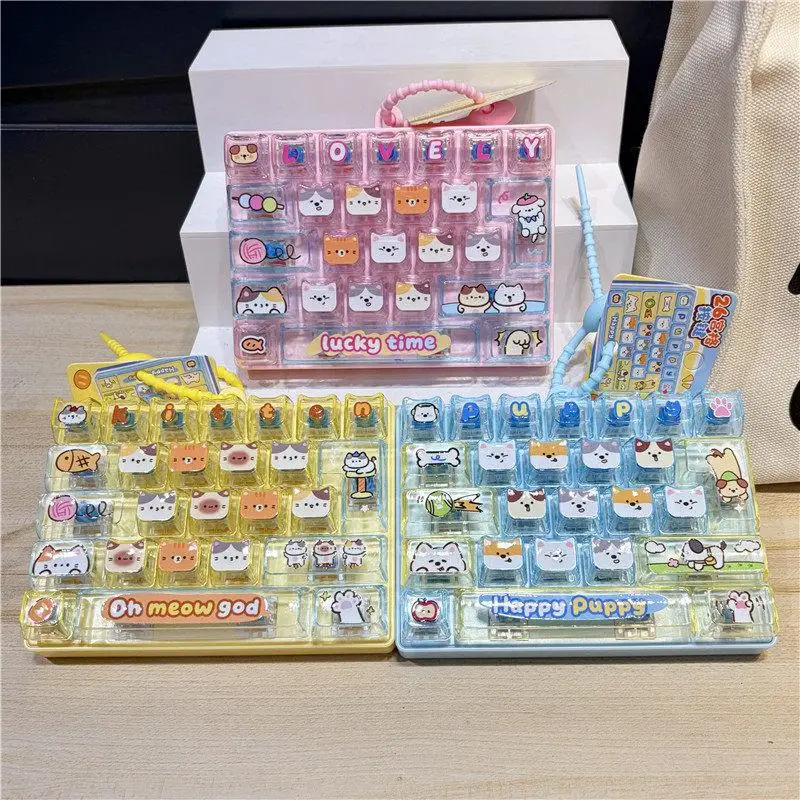 (Ce14)26 Keys Cute Mini Keyboard Fidget Keychain, Transparent Cat Dog Patterns Stress Relief Toy Ornament Bag Hanging