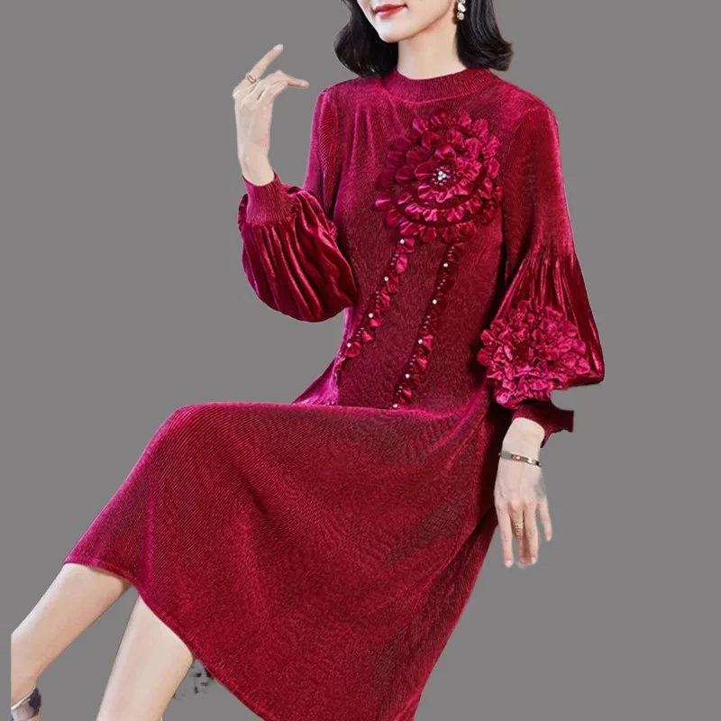 Pleated Autumn and Winter Mom Dress Women 2023 New Style High Quality Velvet Hi Grandma Wedding Party Clothes With Bottom Skirt