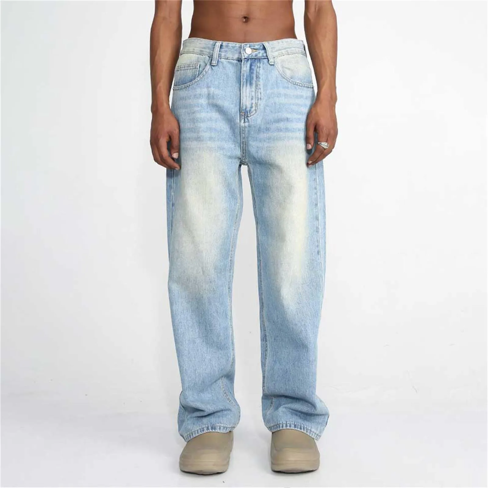 Loose Casual Pants With Trendy Polished White Design Mid Waist Jeans