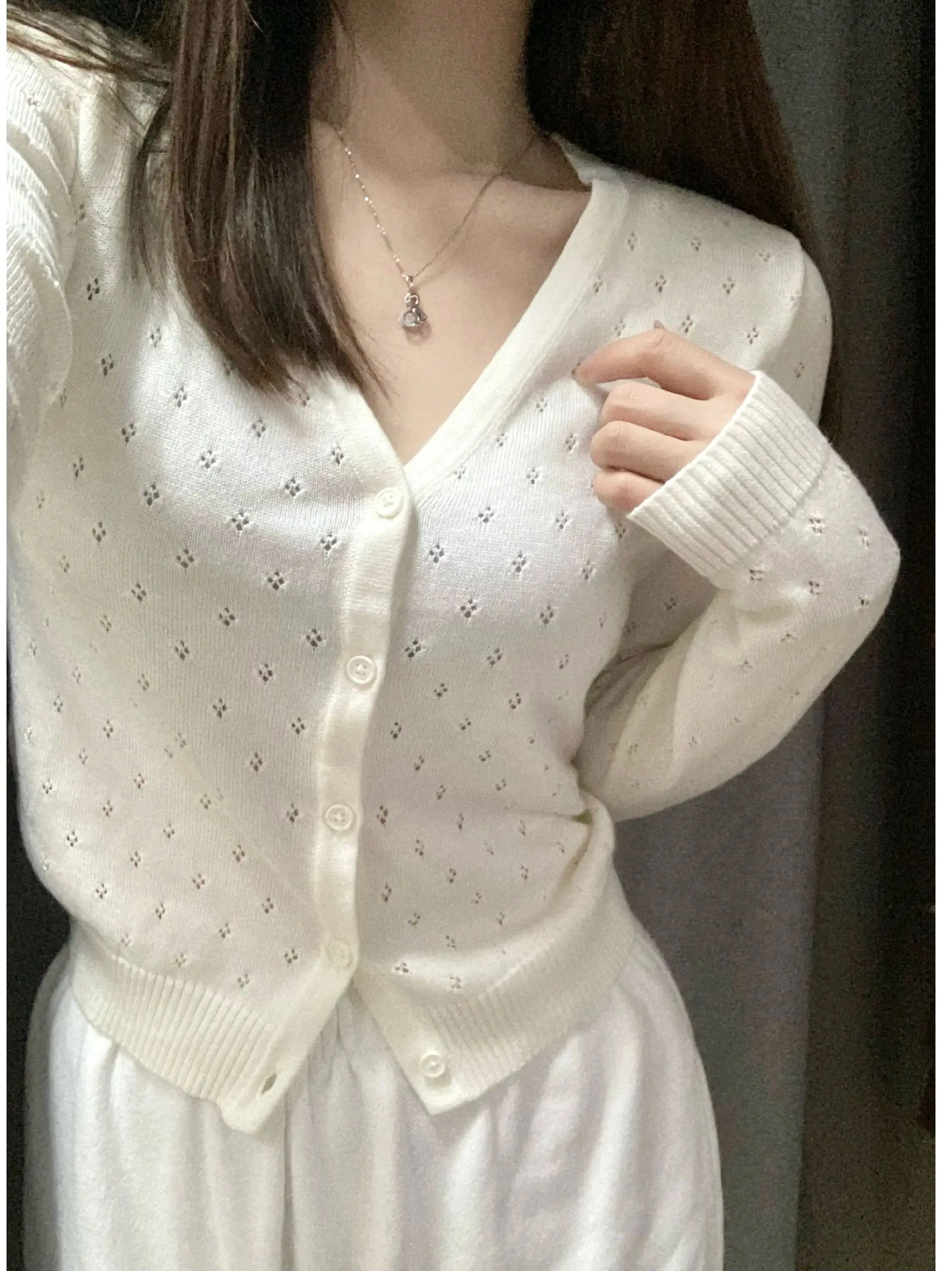 

Brandy Girl Official Website New Gentle Versatile Color Hollow Long Sve Knitted Open Cardigan Women's Top Cotton V-n...