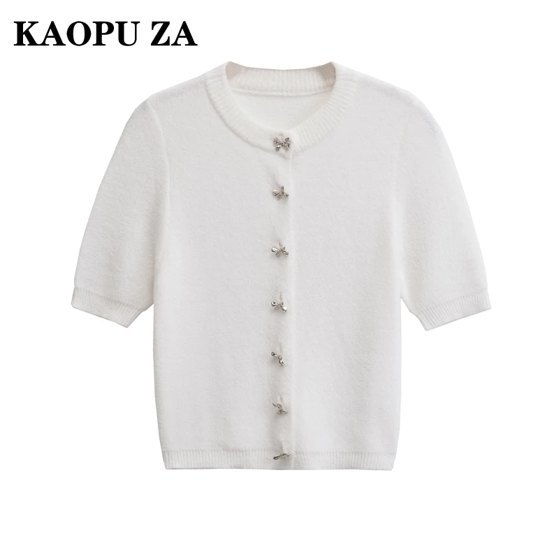 

KAOPU ZA 2024 New Autumn Woman's Fashion Short Knitted Cardigan Top Female Casual O-Collar Short Sleeve White Knit Sweater Coat