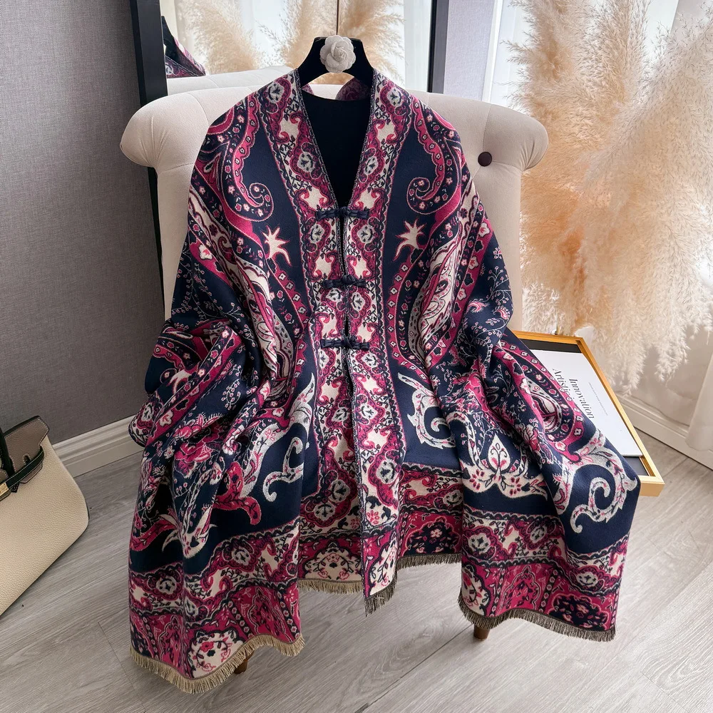 

Vintage Ethnic Paisley Blanket Cape Coat Reversible Tassel Cashmere Shawl Women Warm Oversized Travel Wrap Poncho Scarves