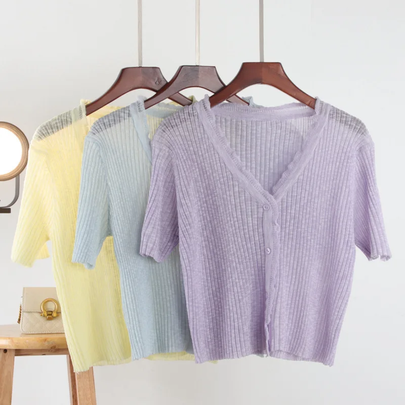 

New solid sweater candy women Knit Top Fashion Female Cardigan summer short sleeve adult jacket clothe ladies candy