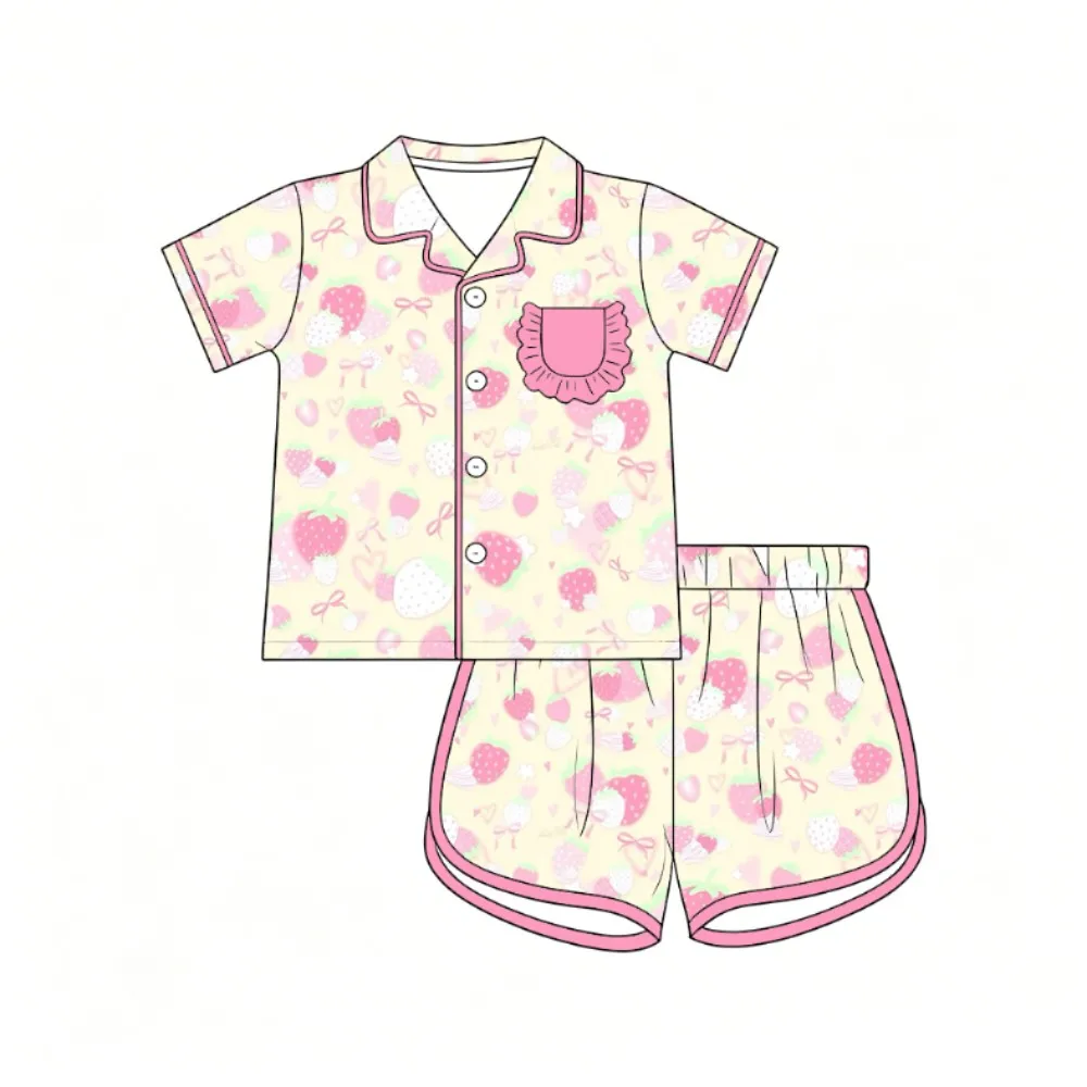 Floral and Strawberry Print Ruffled Pocket Collar Short-sleeved Top and Shorts Summer New Girls Boutique Pajama Set