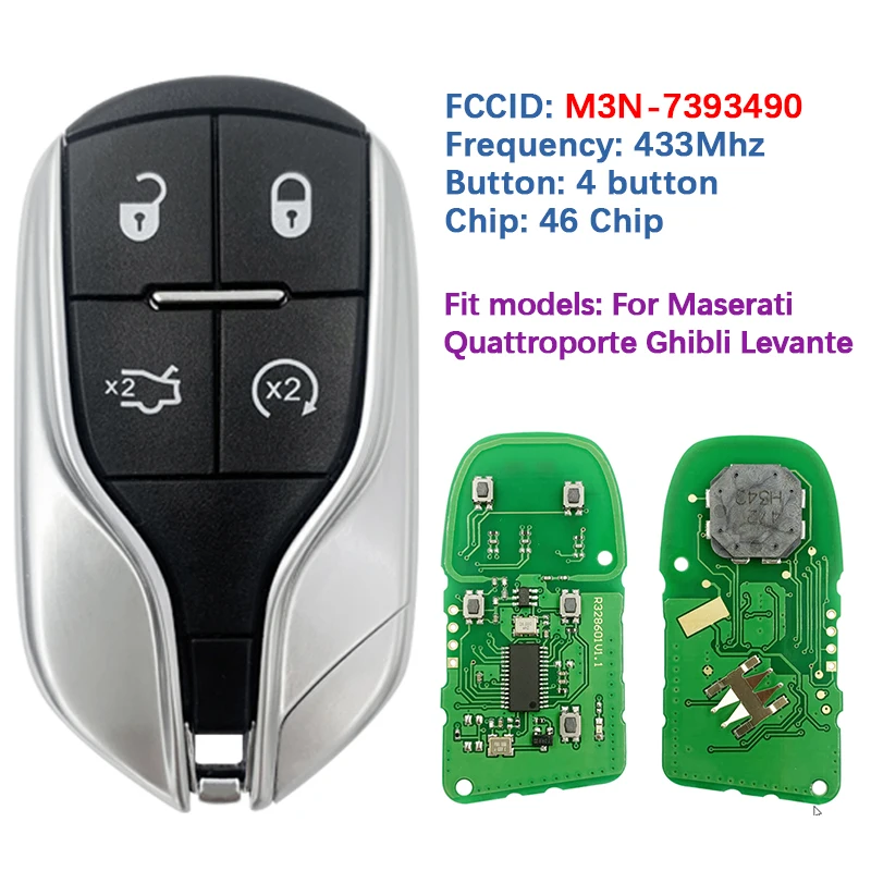 CN089001 Aftermarket 4 button Smart Remote Key Fob M3N-7393490 433Mhz 46 Chip For Maserati Quattroporte Ghibli Levante 2017-2020