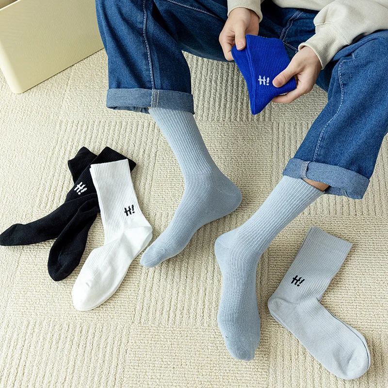 Blue Socks Solid Color Casual Socks Mid-Tube Stockings Breathable Cotton Socks White Stockings Autumn Socks Soft Skin-Friendly