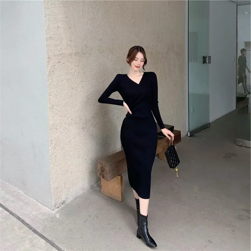 

Женская осенне-зимняя новая облегающая трикотажная юбка с высокой талией и v-образным вырезом, однотонная длинная юбка