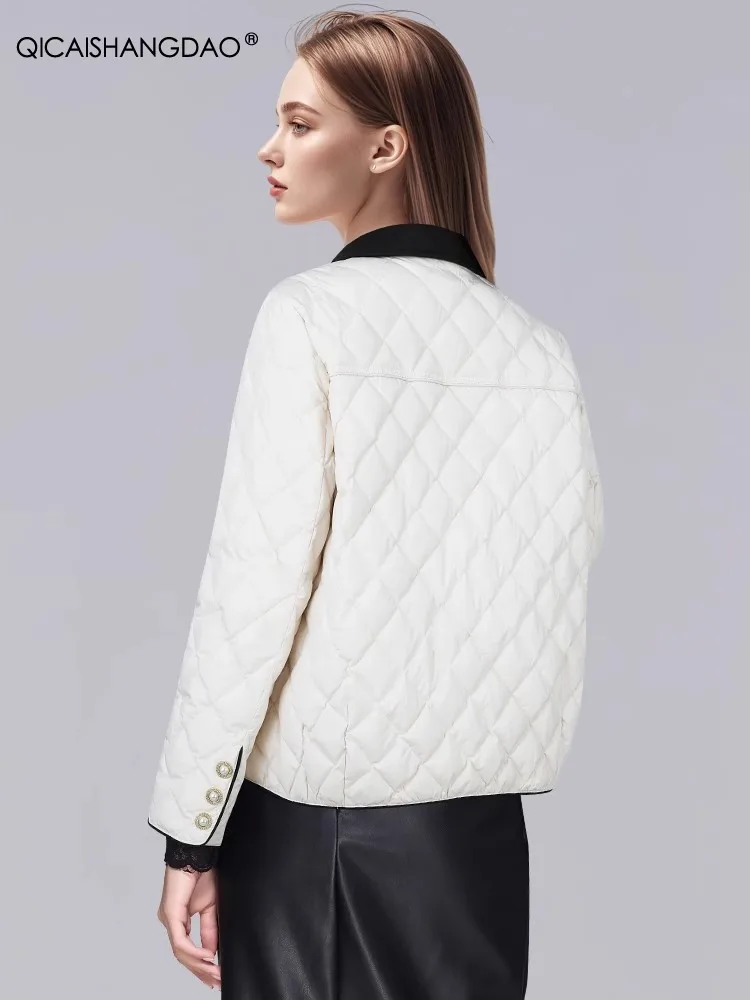 Chaqueta de plumón blanca con cuello puntiagudo para mujer, abrigo de plumón de pato blanco corto y grueso cálido, Tops informales Vintage para Otoño e Invierno